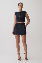 Loraine Mid Rise Denim Mini Skirt - Indigo Pinstripe