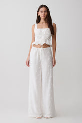 Vivian Tie Waist Embroidered Pant - White