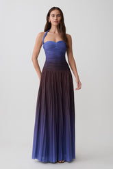 Azizi Pleated Halter Midi Dress - Chocolate & Blue Ombre Print