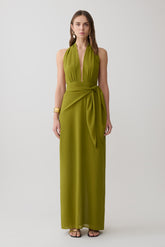 Gianna Satin Halter Maxi Dress - Olive
