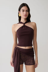 Angelika Twist Front Knit Top - Chocolate