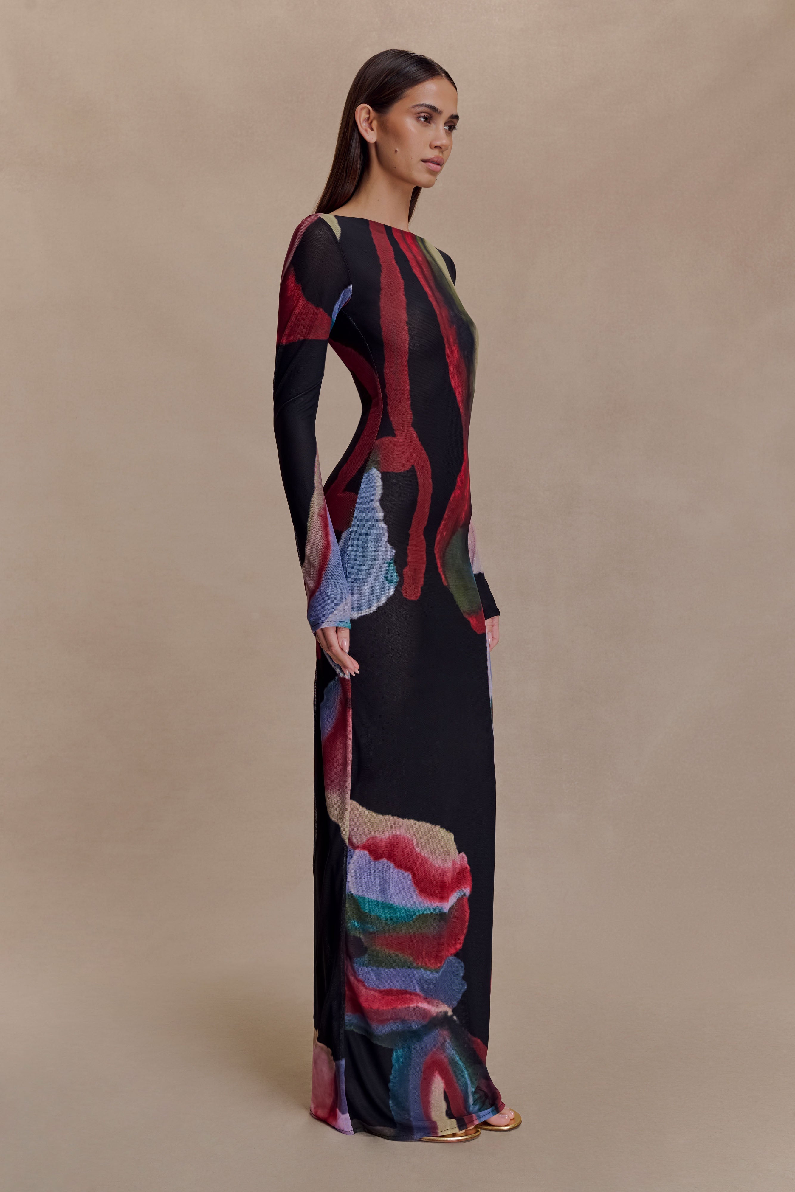 Soraya Long Sleeve Mesh Maxi Dress - Multi Fluid Reverie Print