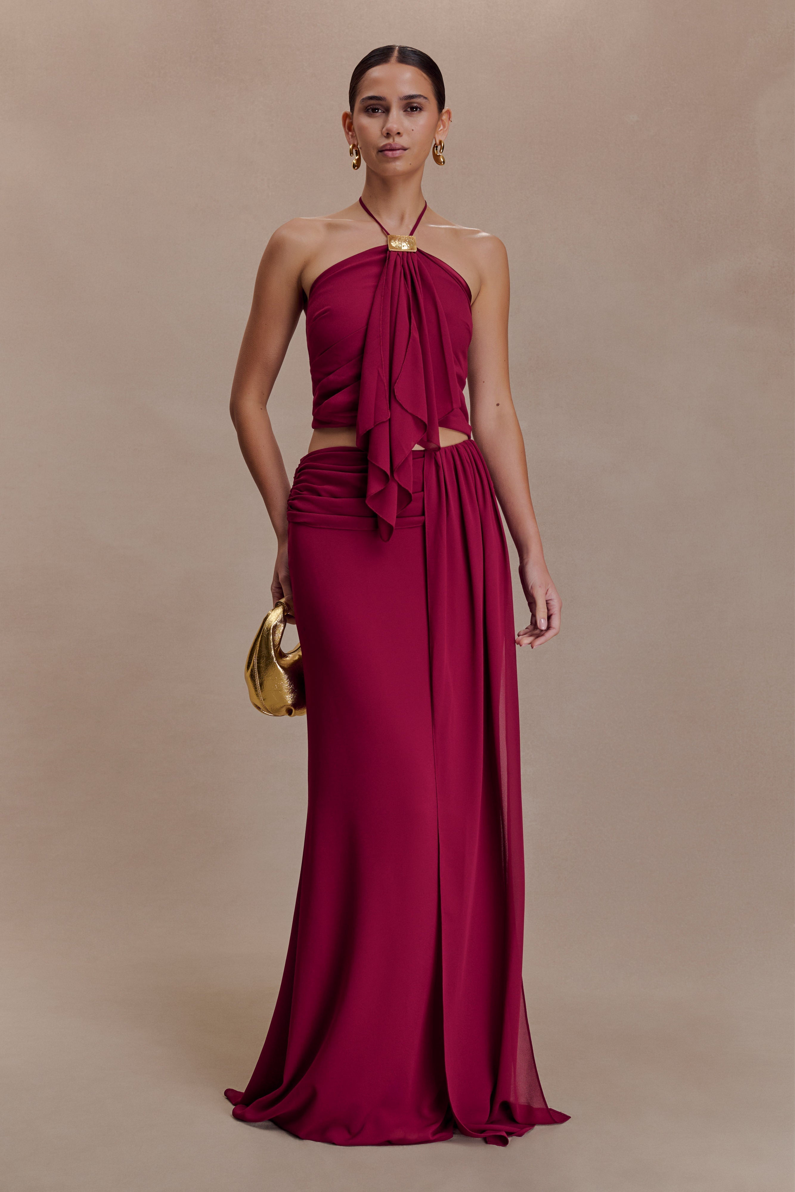 Celina Chiffon Overlay Maxi Skirt - Cherry Red